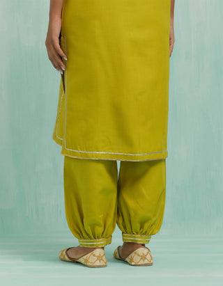 Lemon Green Rukbat Kurta And Salwar With Gold Silver Gota Details & Dupatta (Set Of 3)