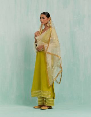 Lemon Green Rukhsaar Straight Kurta And Palazzo With Gold Silver Gota Details & Dupatta (Set Of 3)
