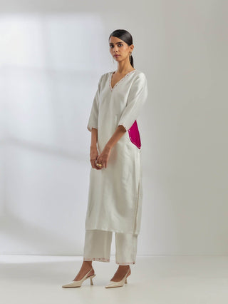 White Raw Silk Mira Kurta With White Palazzo (Set Of 2)