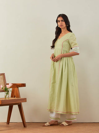 Green Plain Markab Anarkali Kurta With Chikankari Border and Palazzo with lace detail (Set of 2)