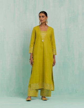 Lemon Green Rukhsaar Straight Kurta And Palazzo With Gold Silver Gota Details (Set Of 2)