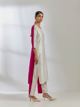 White/Pink Raw Silk Half And Half Kurta And Palazzo (Set Of 2)