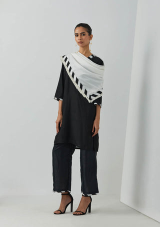 Black Chanderi Kali Short Kurta With Palazzo With Scarf (Set Of 3)