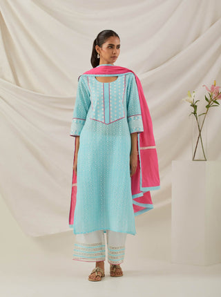 Blue Chikankari Rooh Straight Kurta and Palazzo with wide lace detail & Dupatta (Set of 3)