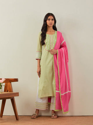 Green Plain Rooh Straight Kurta With Chikankari Yoke Details and Palazzo with wide lace detail & Dupatta (Set of 3)