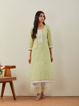 Green Plain Rozana Straight Kurta With Chikankari Placket