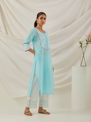 Blue Chikankari Rooh Straight Kurta and Palazzo with wide lace detail (Set of 2)