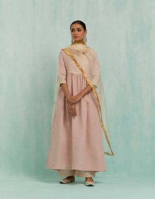 Pale Pink Naaz Anarkali Kurta And Palazzo With Gold Silver Gota Details & Dupatta (Set Of 3)