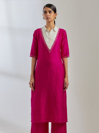 Pink Raw Silk Collared Kurta Full View