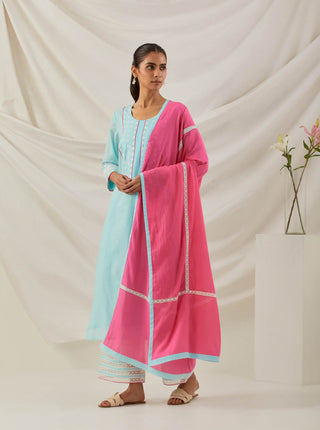 Blue Plain Rooh Straight Kurta With Chikankari Yoke Details and Palazzo with wide lace detail & Dupatta (Set of 3)