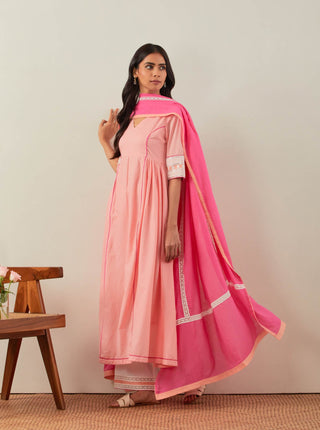 Peach Plain Markab Anarkali Kurta With Chikankari Border and Palazzo with lace detail & Dupatta (Set of 3)