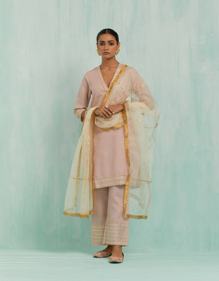 Pale Pink Kali Short Kurta And Palazzo With Gold Silver Gota Details & Dupatta (Set Of 3)