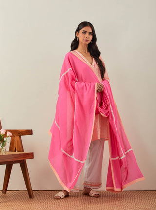 Peach Chikankari Kali Short Kurta and Palazzo with lace detail & Dupatta (Set of 3)
