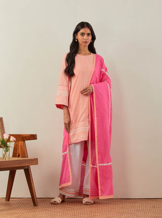 Peach Chikankari Pak Wide Arm Kurta and Palazzo with lace detail & Dupatta (Set of 3)