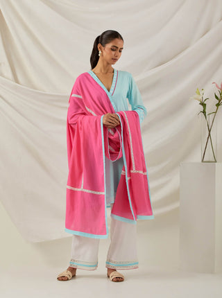 Blue Plain Kali Short Kurta With Chikankari Detail and Palazzo with lace detail & Dupatta (Set of 3)