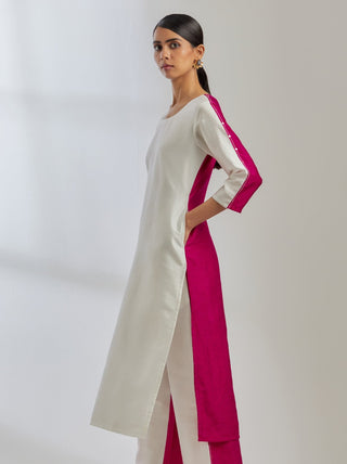 White/Pink Raw Silk Half And Half Kurta
