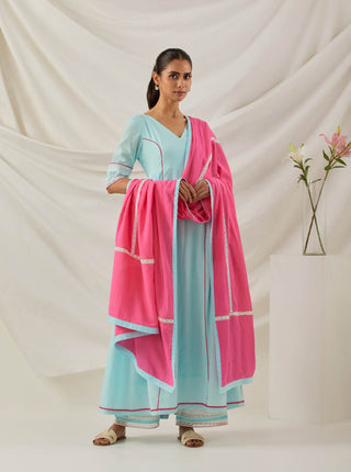 Blue Plain Markab Anarkali Kurta With Chikankari Border and Palazzo with lace detail & Dupatta (Set of 3)