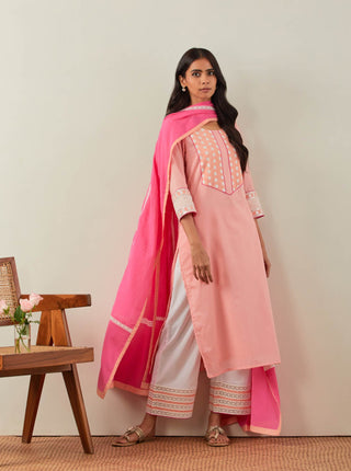 Peach Plain Rooh Straight Kurta With Chikankari Yoke Details and Palazzo with wide lace detail & Dupatta (Set of 3)