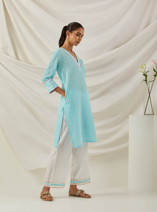 Blue Chikankari Kali Short Kurta and Palazzo with lace detail (Set of 2)