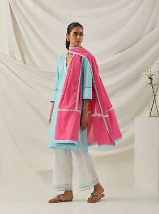 Blue Chikankari Kali Short Kurta and Palazzo with lace detail & Dupatta left side view