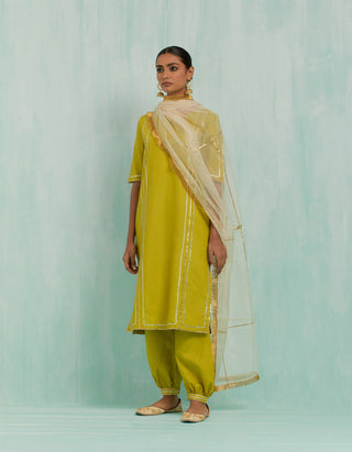 Lemon Green Rukbat Kurta And Salwar With Gold Silver Gota Details & Dupatta (Set Of 3)