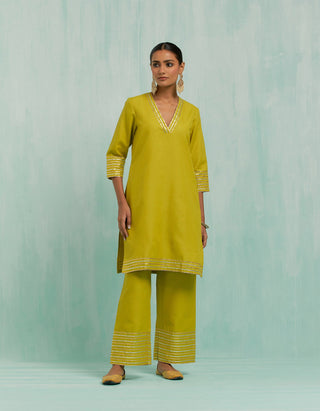 Lemon Green Kali Short Kurta And Palazzo With Gold Silver Gota Details (Set Of 2)
