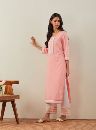 Peach Plain Rozana Straight Kurta With Chikankari Placket and Palazzo with wide lace detail (Set of 2)