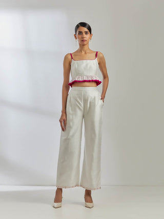 White Raw Silk Rigel Top With White Palazzo (Set Of 2)