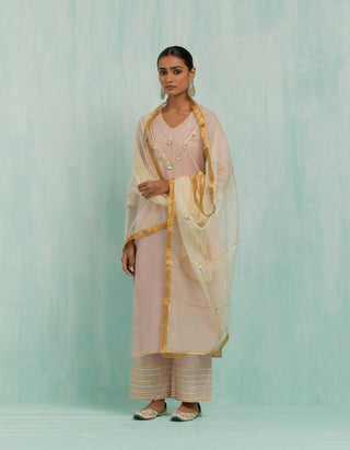 Pale Pink Mira Straight Kurta And Palazzo With Gold Silver Gota Details & Dupatta (Set Of 3)