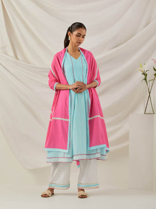 Blue Chikankari Mastani Kalidar A-Line Kurta and Palazzo with lace detail & Dupatta (Set of 3)