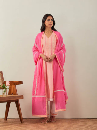 Peach Chikankari Mastani Kalidar A-Line Kurta and Palazzo with lace detail & Dupatta 