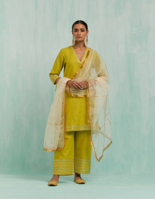 Lemon Green Kali Short Kurta And Palazzo With Gold Silver Gota Details & Dupatta (Set Of 3)