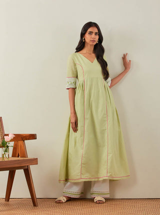 Green Plain Markab Anarkali Kurta With Chikankari Border