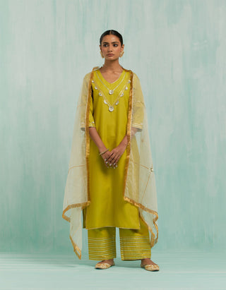Lemon Green Mira Straight Kurta And Palazzo With Gold Silver Gota Details & Dupatta (Set Of 3)