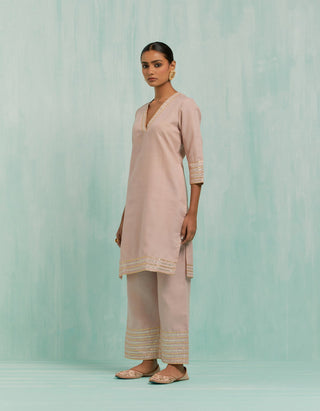 Pale Pink Kali Short Kurta And Palazzo With Gold Silver Gota Details (Set Of 2)