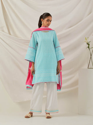 Blue Chikankari Pak Wide Arm Kurta and Palazzo with lace detail & Dupatta (Set of 3)