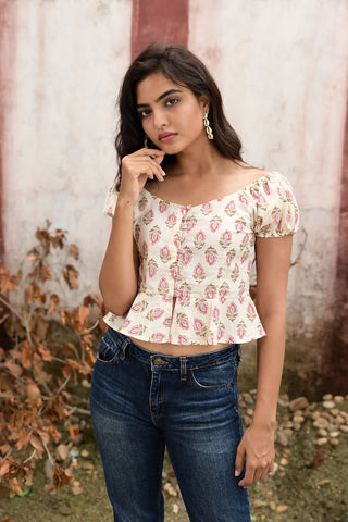Cream pink block printed cropped top 