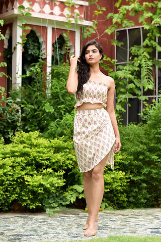 cream pink block printed slit skirt