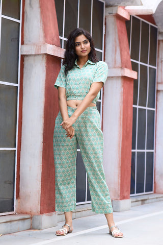 Green block printed cropped shirt