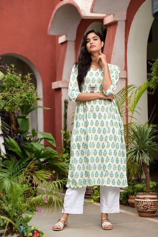 white turqoise blue block printed kurta