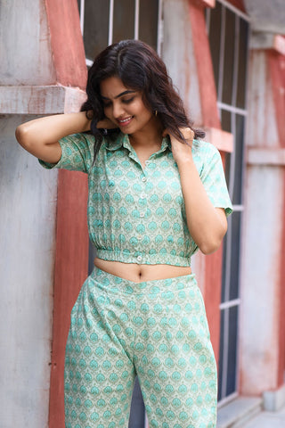 Green block printed cropped shirt
