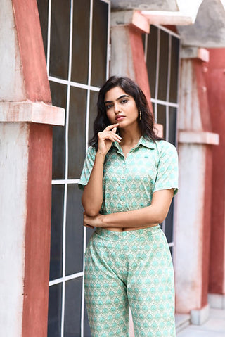 Green block printed cropped shirt