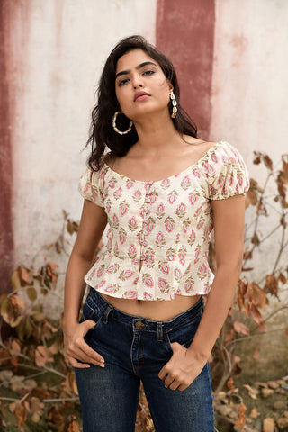 Cream pink block printed cropped top 
