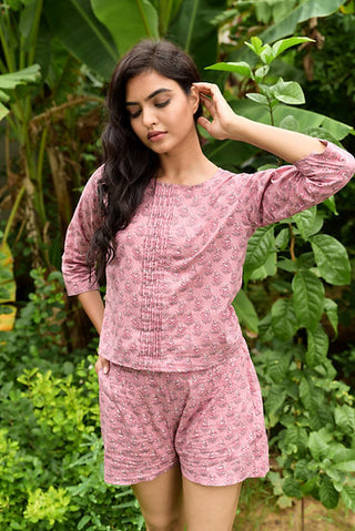 pink block printed pin tuck top