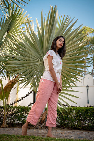 White and pink frill top
