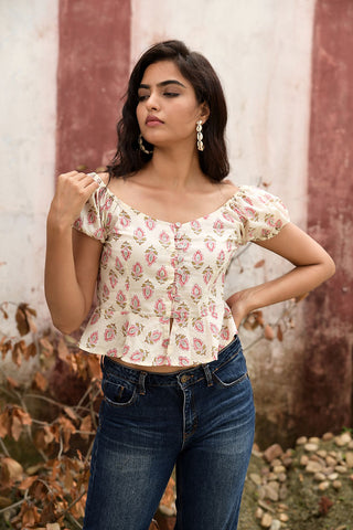 Cream pink block printed cropped top 