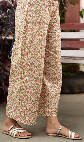 Cream green block printed palazzo