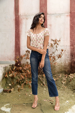 Cream pink block printed cropped top 