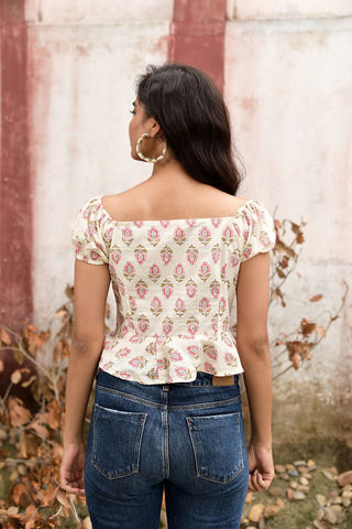 Cream pink block printed cropped top 