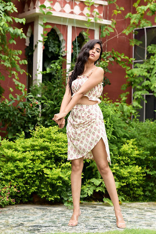 cream pink block printed stap top